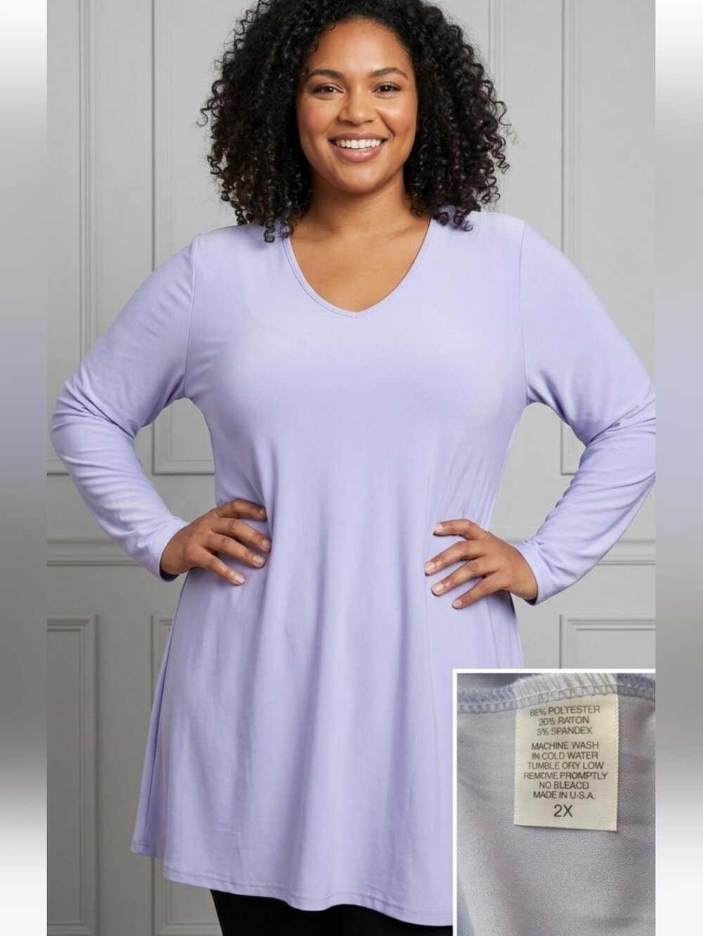 Solid Lilac V-Neck Tunic Dress Top Plus Size 2X Soft Rayon Blend USA Made